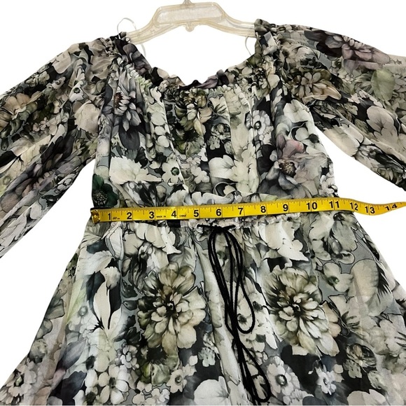 NICHOLAS Silk Evergreen Floral Dress Off the Shoulder Bell Sleeves Whimsigoth - Picture 9 of 16